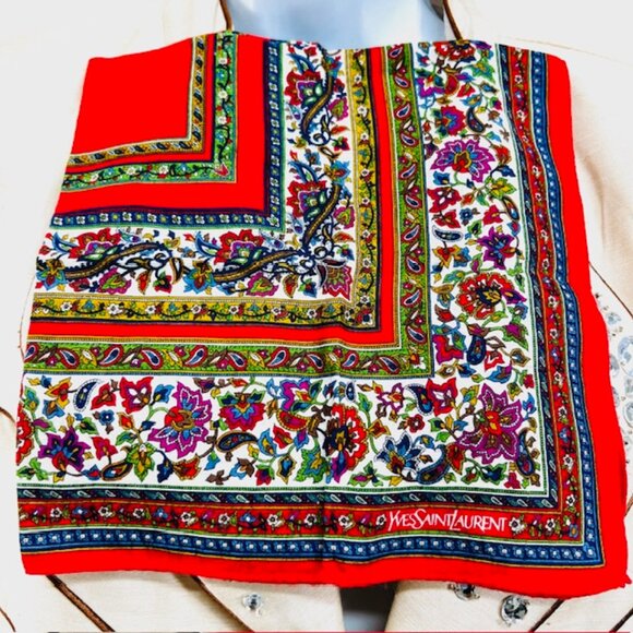 Unused  Yves Saint Laurent Cotton/Silk MiniScarf/Handker Red green Floral (20 - Picture 2 of 6